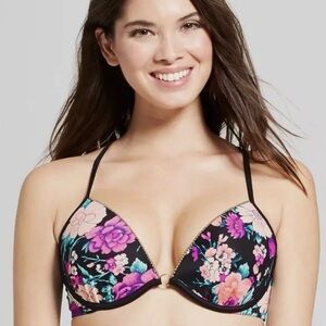 Shade & Shore Black & Pink Floral Studded Light Lift Bikini Top Size 34C